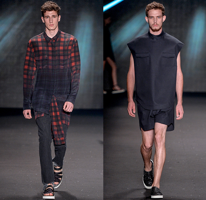 Osklen 2015 Winter Mens Runway Catwalk Looks - Temporada Inverno 2015 São Paulo Fashion Week Brazil Brasil Southern Hemisphere Moda Desfiles - Denim Jeans Frayed Raw Hem Shorts Shirt Sneakers Plaid Sandals Trench Coat Coat Outerwear Pants Trousers Fur Print Graphic Hanging Sleeve Chunky Knit Knit Shawl Sleeveless Furry