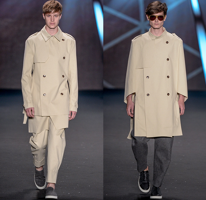 Osklen 2015 Winter Mens Runway Catwalk Looks - Temporada Inverno 2015 São Paulo Fashion Week Brazil Brasil Southern Hemisphere Moda Desfiles - Denim Jeans Frayed Raw Hem Shorts Shirt Sneakers Plaid Sandals Trench Coat Coat Outerwear Pants Trousers Fur Print Graphic Hanging Sleeve Chunky Knit Knit Shawl Sleeveless Furry