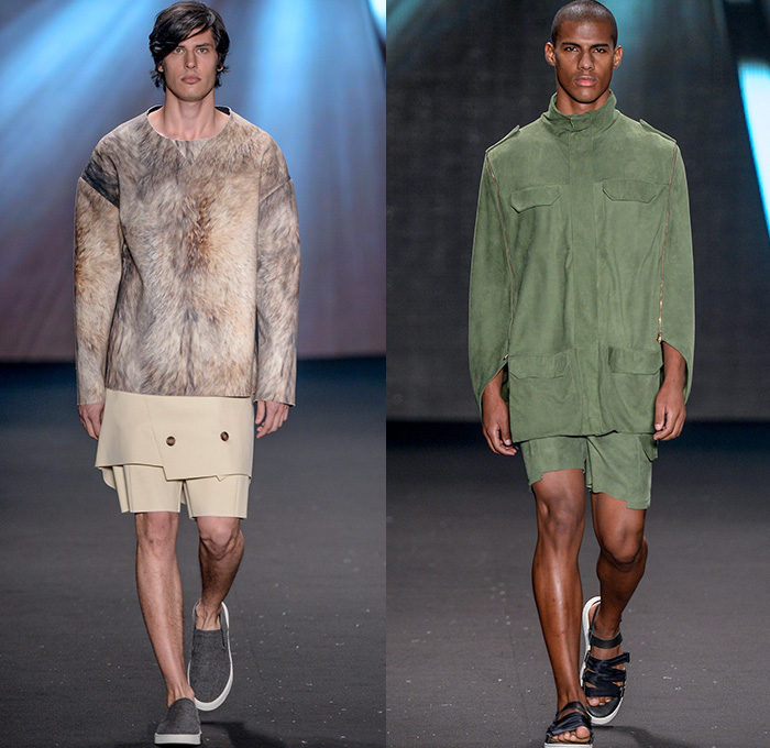 Osklen 2015 Winter Mens Runway Catwalk Looks - Temporada Inverno 2015 São Paulo Fashion Week Brazil Brasil Southern Hemisphere Moda Desfiles - Denim Jeans Frayed Raw Hem Shorts Shirt Sneakers Plaid Sandals Trench Coat Coat Outerwear Pants Trousers Fur Print Graphic Hanging Sleeve Chunky Knit Knit Shawl Sleeveless Furry