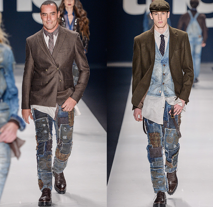 TNG 2015 Winter Mens Runway Catwalk Looks - Temporada Inverno 2015 São Paulo Fashion Week Brazil Brasil Southern Hemisphere Moda Desfiles - Denim Jeans Patchwork Outerwear Coat Jacket Jumpsuit Military Cargo Utility Pockets Field Safari Jacket Onesie Jumpsuit Overalls Bib Brace Dungarees Shirt Long Sleeve Stained Belted Waist Blazer Suit Vest Waistcoat Moto Biker Suspenders Military Brogues Tweed