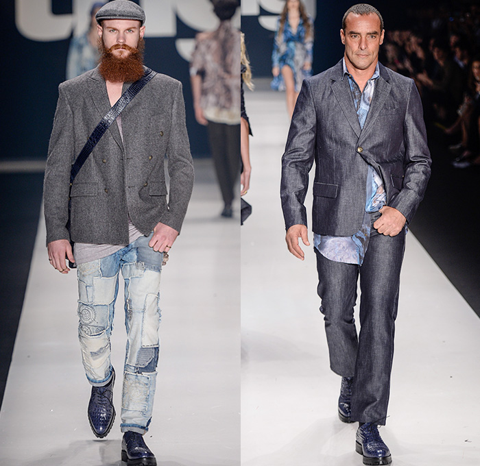 TNG 2015 Winter Mens Runway Catwalk Looks - Temporada Inverno 2015 São Paulo Fashion Week Brazil Brasil Southern Hemisphere Moda Desfiles - Denim Jeans Patchwork Outerwear Coat Jacket Jumpsuit Military Cargo Utility Pockets Field Safari Jacket Onesie Jumpsuit Overalls Bib Brace Dungarees Shirt Long Sleeve Stained Belted Waist Blazer Suit Vest Waistcoat Moto Biker Suspenders Military Brogues Tweed