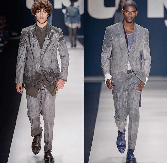 TNG 2015 Winter Mens Runway Catwalk Looks - Temporada Inverno 2015 São Paulo Fashion Week Brazil Brasil Southern Hemisphere Moda Desfiles - Denim Jeans Patchwork Outerwear Coat Jacket Jumpsuit Military Cargo Utility Pockets Field Safari Jacket Onesie Jumpsuit Overalls Bib Brace Dungarees Shirt Long Sleeve Stained Belted Waist Blazer Suit Vest Waistcoat Moto Biker Suspenders Military Brogues Tweed