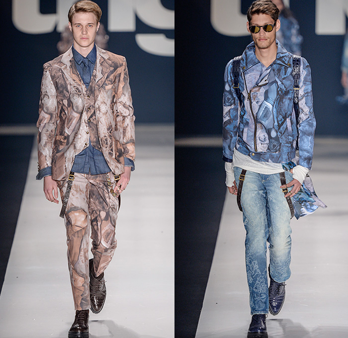 TNG 2015 Winter Mens Runway Catwalk Looks - Temporada Inverno 2015 São Paulo Fashion Week Brazil Brasil Southern Hemisphere Moda Desfiles - Denim Jeans Patchwork Outerwear Coat Jacket Jumpsuit Military Cargo Utility Pockets Field Safari Jacket Onesie Jumpsuit Overalls Bib Brace Dungarees Shirt Long Sleeve Stained Belted Waist Blazer Suit Vest Waistcoat Moto Biker Suspenders Military Brogues Tweed