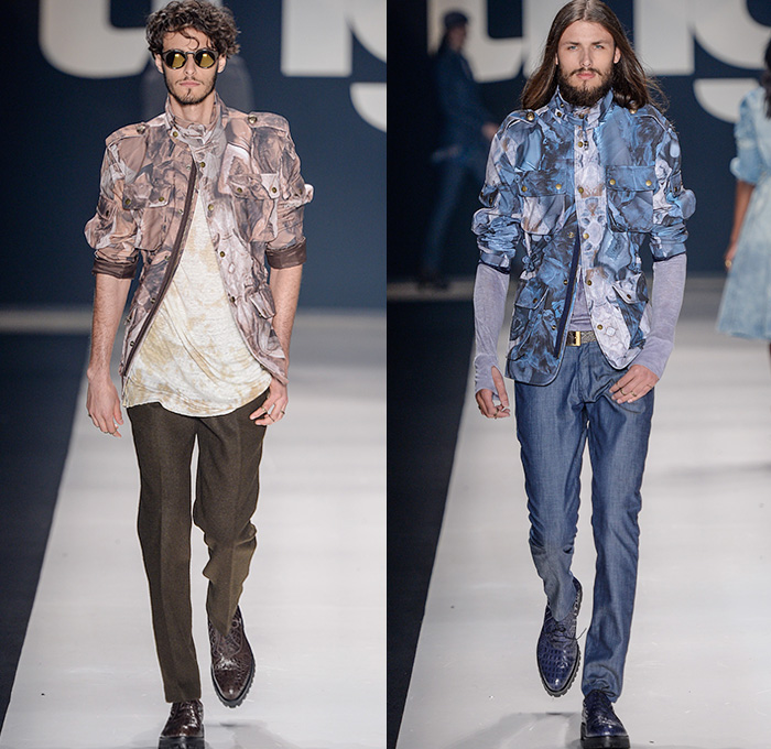 TNG 2015 Winter Mens Runway Catwalk Looks - Temporada Inverno 2015 São Paulo Fashion Week Brazil Brasil Southern Hemisphere Moda Desfiles - Denim Jeans Patchwork Outerwear Coat Jacket Jumpsuit Military Cargo Utility Pockets Field Safari Jacket Onesie Jumpsuit Overalls Bib Brace Dungarees Shirt Long Sleeve Stained Belted Waist Blazer Suit Vest Waistcoat Moto Biker Suspenders Military Brogues Tweed