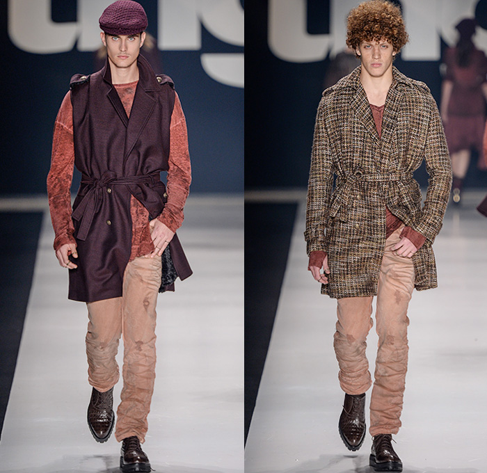 TNG 2015 Winter Mens Runway Catwalk Looks - Temporada Inverno 2015 São Paulo Fashion Week Brazil Brasil Southern Hemisphere Moda Desfiles - Denim Jeans Patchwork Outerwear Coat Jacket Jumpsuit Military Cargo Utility Pockets Field Safari Jacket Onesie Jumpsuit Overalls Bib Brace Dungarees Shirt Long Sleeve Stained Belted Waist Blazer Suit Vest Waistcoat Moto Biker Suspenders Military Brogues Tweed