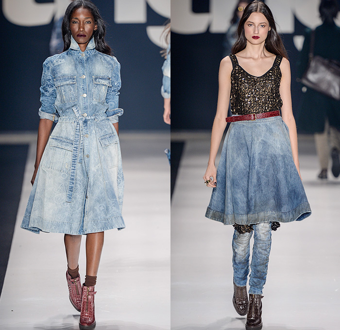 TNG 2015 Winter Womens Runway Catwalk Looks - Temporada Inverno 2015 São Paulo Fashion Week Brazil Brasil Southern Hemisphere Moda Desfiles - Denim Jeans Patchwork Hanging Sleeve Outerwear Coat Cape Cloak Sequins Studs Suit Coatdress Jumpsuit Embroidery 3D Embellishments Adornments Cargo Utility Pockets Dress Abstract Belted Waist Backpack Sheer Chiffon Overalls Bib Brace Dungarees Shorts Moto Biker