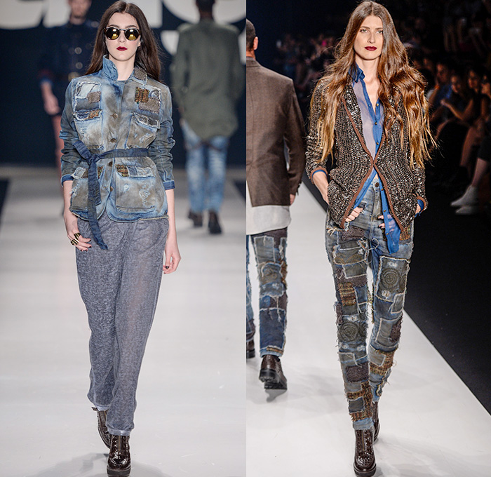 TNG 2015 Winter Womens Runway Catwalk Looks - Temporada Inverno 2015 São Paulo Fashion Week Brazil Brasil Southern Hemisphere Moda Desfiles - Denim Jeans Patchwork Hanging Sleeve Outerwear Coat Cape Cloak Sequins Studs Suit Coatdress Jumpsuit Embroidery 3D Embellishments Adornments Cargo Utility Pockets Dress Abstract Belted Waist Backpack Sheer Chiffon Overalls Bib Brace Dungarees Shorts Moto Biker