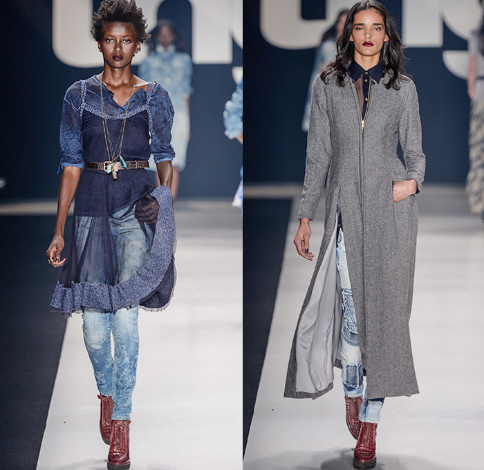 TNG 2015 Winter Womens Runway Catwalk Looks - Temporada Inverno 2015 São Paulo Fashion Week Brazil Brasil Southern Hemisphere Moda Desfiles - Denim Jeans Patchwork Hanging Sleeve Outerwear Coat Cape Cloak Sequins Studs Suit Coatdress Jumpsuit Embroidery 3D Embellishments Adornments Cargo Utility Pockets Dress Abstract Belted Waist Backpack Sheer Chiffon Overalls Bib Brace Dungarees Shorts Moto Biker