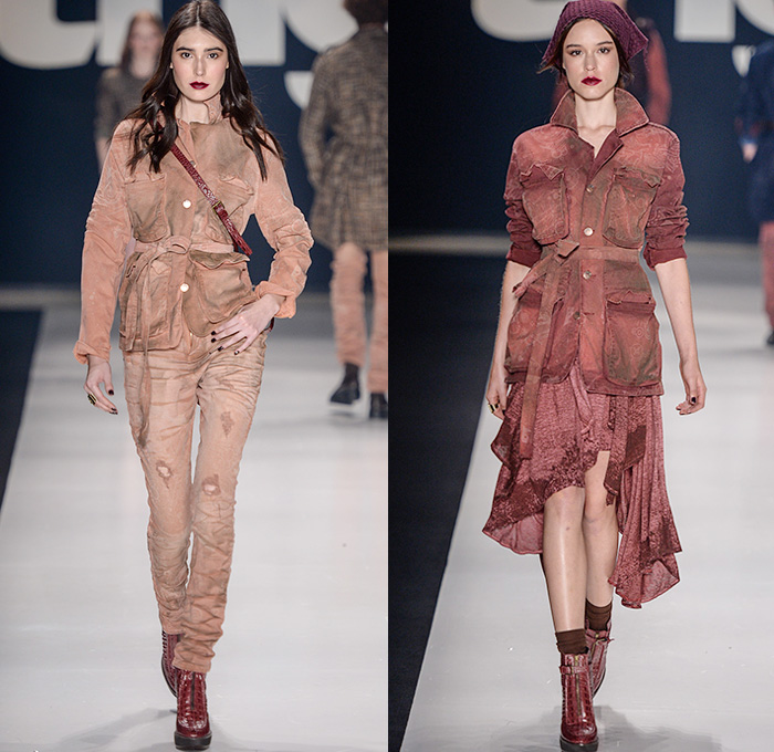 TNG 2015 Winter Womens Runway Catwalk Looks - Temporada Inverno 2015 São Paulo Fashion Week Brazil Brasil Southern Hemisphere Moda Desfiles - Denim Jeans Patchwork Hanging Sleeve Outerwear Coat Cape Cloak Sequins Studs Suit Coatdress Jumpsuit Embroidery 3D Embellishments Adornments Cargo Utility Pockets Dress Abstract Belted Waist Backpack Sheer Chiffon Overalls Bib Brace Dungarees Shorts Moto Biker