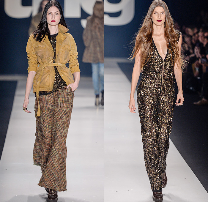 TNG 2015 Winter Womens Runway Catwalk Looks - Temporada Inverno 2015 São Paulo Fashion Week Brazil Brasil Southern Hemisphere Moda Desfiles - Denim Jeans Patchwork Hanging Sleeve Outerwear Coat Cape Cloak Sequins Studs Suit Coatdress Jumpsuit Embroidery 3D Embellishments Adornments Cargo Utility Pockets Dress Abstract Belted Waist Backpack Sheer Chiffon Overalls Bib Brace Dungarees Shorts Moto Biker