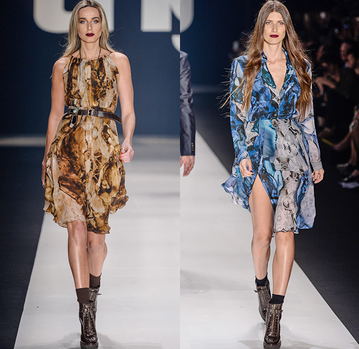 TNG 2015 Winter Womens Runway Catwalk Looks - Temporada Inverno 2015 São Paulo Fashion Week Brazil Brasil Southern Hemisphere Moda Desfiles - Denim Jeans Patchwork Hanging Sleeve Outerwear Coat Cape Cloak Sequins Studs Suit Coatdress Jumpsuit Embroidery 3D Embellishments Adornments Cargo Utility Pockets Dress Abstract Belted Waist Backpack Sheer Chiffon Overalls Bib Brace Dungarees Shorts Moto Biker