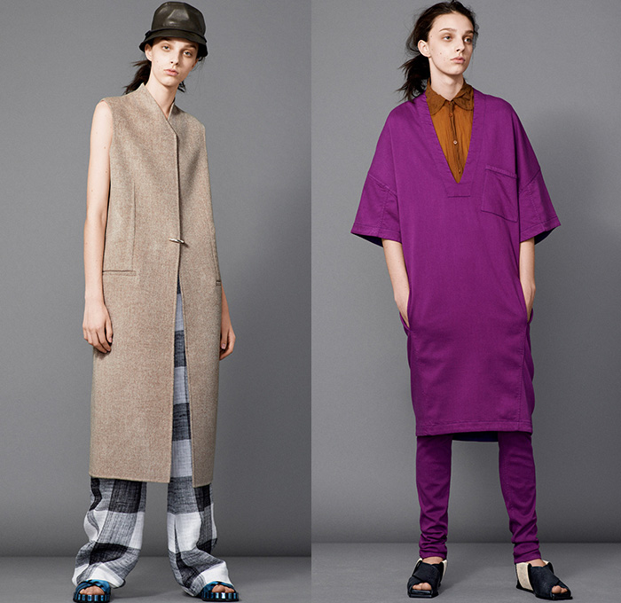 Acne Studios 2015 Resort Womens Lookbook Presentation - 2015 Cruise Pre Spring Fashion Pre Collection - Denim Jeans Belted Waist Trucker Shirt Creases Crinkles Chunky Knit Cardigan Toggle Closures Shorts Cargo Pockets Skirt Frock Accordion Pleats Oversized Tankdress Bucket Hat Sweater Jumper Boots Outerwear Trench Coat Blazer Motorcycle Biker Rider Moto Leather Wide Leg Trousers Palazzo Pants Collage Camouflage Blots Ink Blots Androgynous Checks Tunicdress 