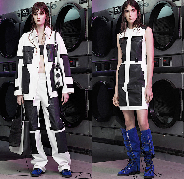 Alexander Wang 2015 Resort Womens Lookbook Presentation - 2015 Cruise Pre Spring Fashion Pre Collection - Tie Dye Canvas Leather Utility Pockets Cargo Pockets Dungarees Overalls Coveralls Salopette Bib Brace Onesie Patchwork PVC Rainwear Barcode Streetwear Resin Thigh Panel Crop Top Midriff Bandeau Top  Boots Dress Outerwear Parka Coat Mini Skirt Frock Shorts Wide Leg Trousers Palazzo Pants Marbled Jacket Peek-A-Boo Translucent Blouse Shirt Sweater Jumper Knit Hoodie 