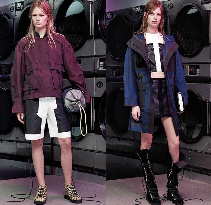 Alexander Wang 2015 Resort Womens Lookbook Presentation - 2015 Cruise Pre Spring Fashion Pre Collection - Tie Dye Canvas Leather Utility Pockets Cargo Pockets Dungarees Overalls Coveralls Salopette Bib Brace Onesie Patchwork PVC Rainwear Barcode Streetwear Resin Thigh Panel Crop Top Midriff Bandeau Top  Boots Dress Outerwear Parka Coat Mini Skirt Frock Shorts Wide Leg Trousers Palazzo Pants Marbled Jacket Peek-A-Boo Translucent Blouse Shirt Sweater Jumper Knit Hoodie 