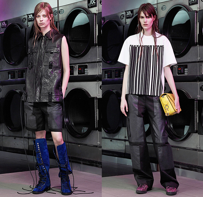 Alexander Wang 2015 Resort Womens Lookbook Presentation - 2015 Cruise Pre Spring Fashion Pre Collection - Tie Dye Canvas Leather Utility Pockets Cargo Pockets Dungarees Overalls Coveralls Salopette Bib Brace Onesie Patchwork PVC Rainwear Barcode Streetwear Resin Thigh Panel Crop Top Midriff Bandeau Top  Boots Dress Outerwear Parka Coat Mini Skirt Frock Shorts Wide Leg Trousers Palazzo Pants Marbled Jacket Peek-A-Boo Translucent Blouse Shirt Sweater Jumper Knit Hoodie 