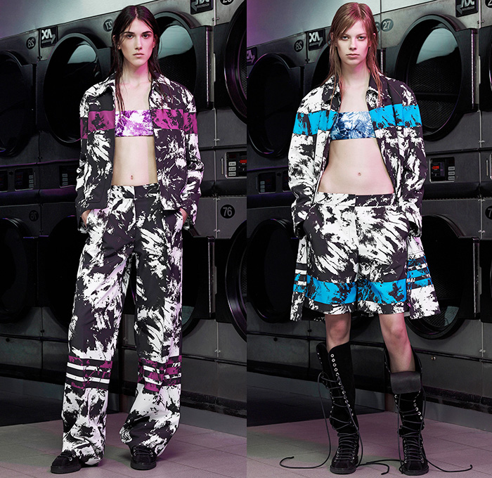 Alexander Wang 2015 Resort Womens Lookbook Presentation - 2015 Cruise Pre Spring Fashion Pre Collection - Tie Dye Canvas Leather Utility Pockets Cargo Pockets Dungarees Overalls Coveralls Salopette Bib Brace Onesie Patchwork PVC Rainwear Barcode Streetwear Resin Thigh Panel Crop Top Midriff Bandeau Top  Boots Dress Outerwear Parka Coat Mini Skirt Frock Shorts Wide Leg Trousers Palazzo Pants Marbled Jacket Peek-A-Boo Translucent Blouse Shirt Sweater Jumper Knit Hoodie 