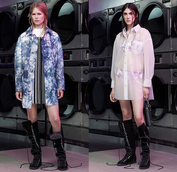 Alexander Wang 2015 Resort Womens Lookbook Presentation - 2015 Cruise Pre Spring Fashion Pre Collection - Tie Dye Canvas Leather Utility Pockets Cargo Pockets Dungarees Overalls Coveralls Salopette Bib Brace Onesie Patchwork PVC Rainwear Barcode Streetwear Resin Thigh Panel Crop Top Midriff Bandeau Top  Boots Dress Outerwear Parka Coat Mini Skirt Frock Shorts Wide Leg Trousers Palazzo Pants Marbled Jacket Peek-A-Boo Translucent Blouse Shirt Sweater Jumper Knit Hoodie 