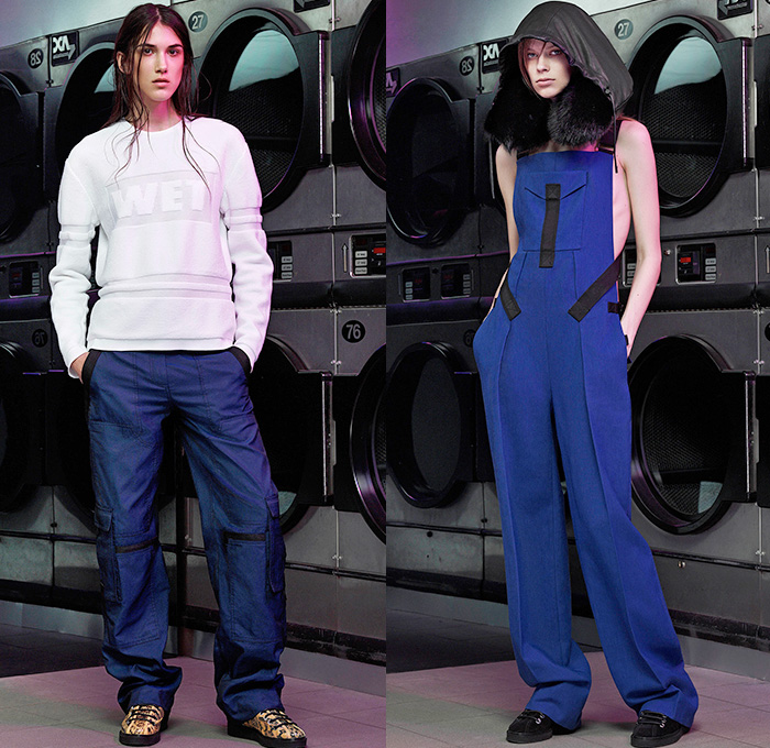 Alexander Wang 2015 Resort Womens Lookbook Presentation - 2015 Cruise Pre Spring Fashion Pre Collection - Tie Dye Canvas Leather Utility Pockets Cargo Pockets Dungarees Overalls Coveralls Salopette Bib Brace Onesie Patchwork PVC Rainwear Barcode Streetwear Resin Thigh Panel Crop Top Midriff Bandeau Top  Boots Dress Outerwear Parka Coat Mini Skirt Frock Shorts Wide Leg Trousers Palazzo Pants Marbled Jacket Peek-A-Boo Translucent Blouse Shirt Sweater Jumper Knit Hoodie 