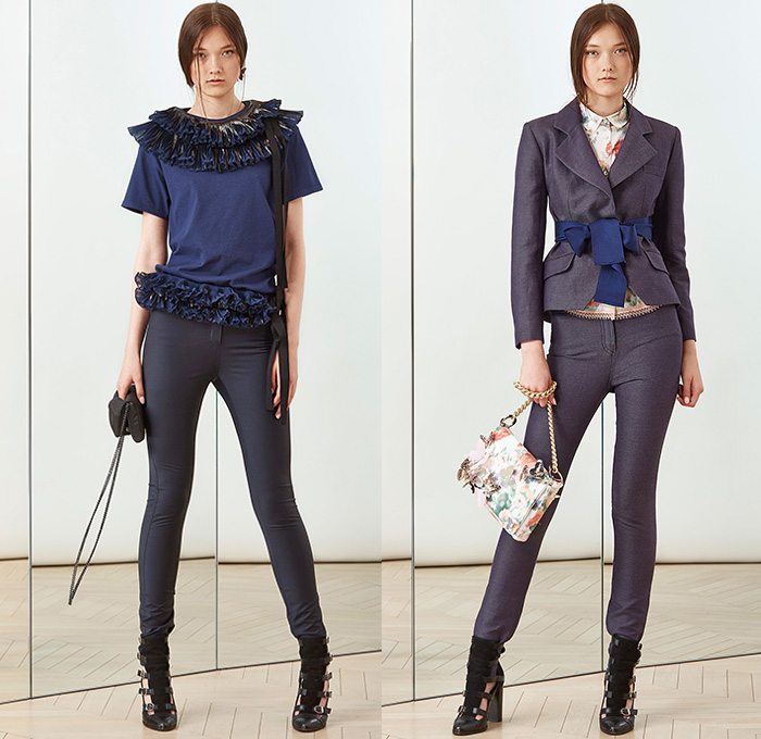 Alexis Mabille 2015 Resort Womens Lookbook Presentation - 2015 Cruise Pre Spring Fashion Pre Collection - Denim Jeans Flowers Florals 3D Butterflies Embellishments Lace Ruffles Bow Ribbon Sash Waist Pantsuit Trousers Wide Leg Palazzo Pants Jogging Sweatpants Crop Top Midriff Accordion Pleats Sheer Chiffon Vest Waistcoat Blazer Shorts Outerwear Coat Blouse Shirtdress Multi-Panel Frock Miniskirt Poodle Circle Circular Skirt White Dress