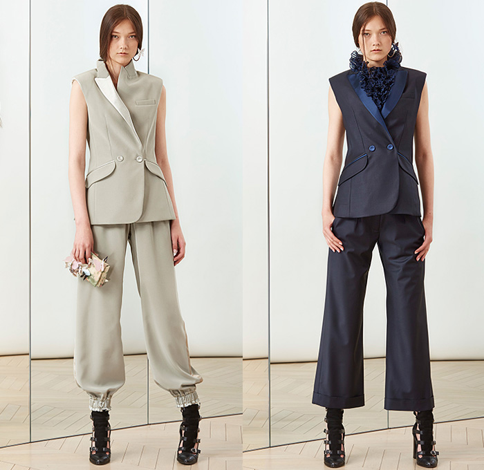 Alexis Mabille 2015 Resort Womens Lookbook Presentation - 2015 Cruise Pre Spring Fashion Pre Collection - Denim Jeans Flowers Florals 3D Butterflies Embellishments Lace Ruffles Bow Ribbon Sash Waist Pantsuit Trousers Wide Leg Palazzo Pants Jogging Sweatpants Crop Top Midriff Accordion Pleats Sheer Chiffon Vest Waistcoat Blazer Shorts Outerwear Coat Blouse Shirtdress Multi-Panel Frock Miniskirt Poodle Circle Circular Skirt White Dress