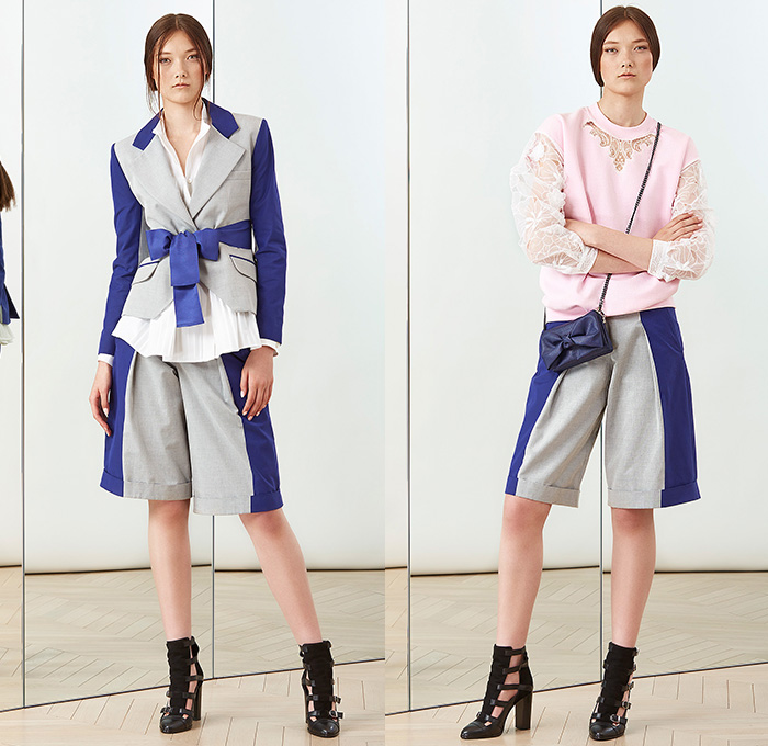 Alexis Mabille 2015 Resort Womens Lookbook Presentation - 2015 Cruise Pre Spring Fashion Pre Collection - Denim Jeans Flowers Florals 3D Butterflies Embellishments Lace Ruffles Bow Ribbon Sash Waist Pantsuit Trousers Wide Leg Palazzo Pants Jogging Sweatpants Crop Top Midriff Accordion Pleats Sheer Chiffon Vest Waistcoat Blazer Shorts Outerwear Coat Blouse Shirtdress Multi-Panel Frock Miniskirt Poodle Circle Circular Skirt White Dress