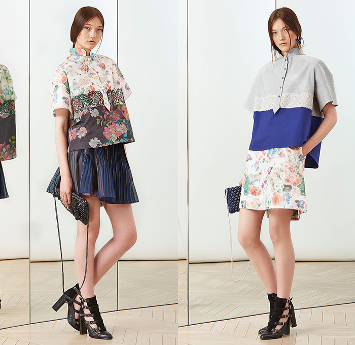 Alexis Mabille 2015 Resort Womens Lookbook Presentation - 2015 Cruise Pre Spring Fashion Pre Collection - Denim Jeans Flowers Florals 3D Butterflies Embellishments Lace Ruffles Bow Ribbon Sash Waist Pantsuit Trousers Wide Leg Palazzo Pants Jogging Sweatpants Crop Top Midriff Accordion Pleats Sheer Chiffon Vest Waistcoat Blazer Shorts Outerwear Coat Blouse Shirtdress Multi-Panel Frock Miniskirt Poodle Circle Circular Skirt White Dress