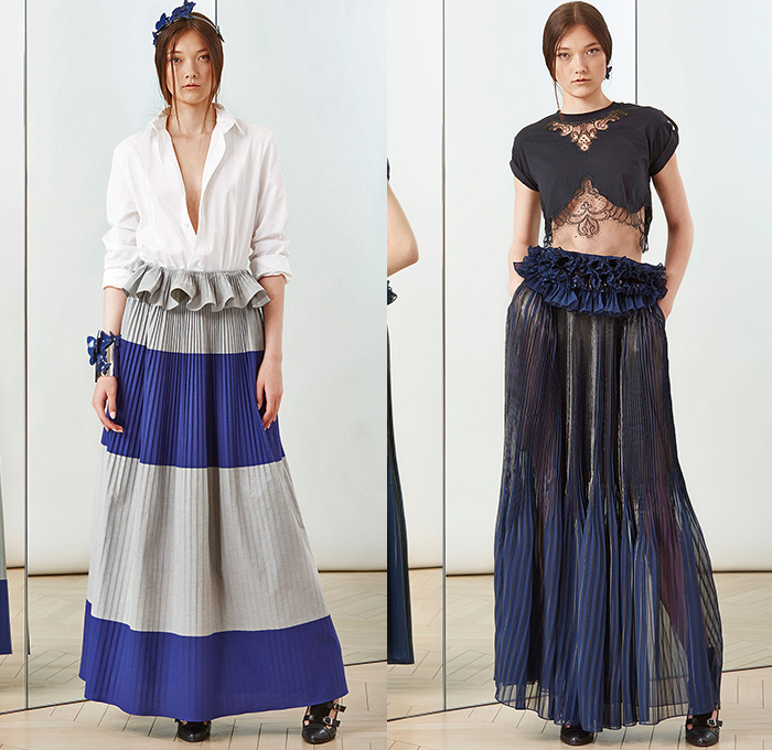 Alexis Mabille 2015 Resort Womens Lookbook Presentation - 2015 Cruise Pre Spring Fashion Pre Collection - Denim Jeans Flowers Florals 3D Butterflies Embellishments Lace Ruffles Bow Ribbon Sash Waist Pantsuit Trousers Wide Leg Palazzo Pants Jogging Sweatpants Crop Top Midriff Accordion Pleats Sheer Chiffon Vest Waistcoat Blazer Shorts Outerwear Coat Blouse Shirtdress Multi-Panel Frock Miniskirt Poodle Circle Circular Skirt White Dress