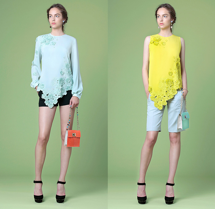 Andrew Gn Paris 2015 Resort Womens Lookbook Presentation - 2015 Cruise Pre Spring Fashion Pre Collection - Flowers Florals Flora Botanical 3D Embellishments Embroidery Asymmetrical Angular Hem Lace Shorts Blouse Sweater Jumper Tunic Ribbon Knit Bouclé Outerwear Coat Jacket Handbag Crossbody Bag Peplum Accordion Pleats Sheer Chiffon Peek-A-Boo Skirt Frock Windowpane Check Dress Gown