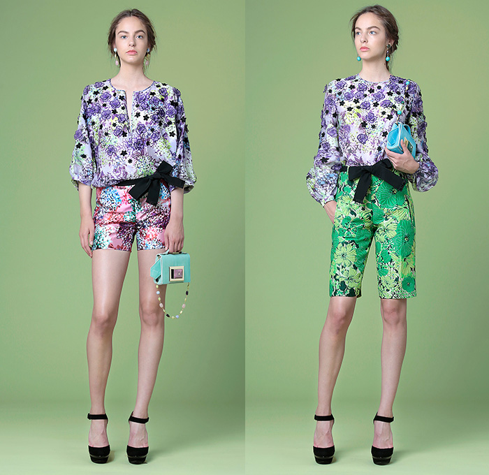 Andrew Gn Paris 2015 Resort Womens Lookbook Presentation - 2015 Cruise Pre Spring Fashion Pre Collection - Flowers Florals Flora Botanical 3D Embellishments Embroidery Asymmetrical Angular Hem Lace Shorts Blouse Sweater Jumper Tunic Ribbon Knit Bouclé Outerwear Coat Jacket Handbag Crossbody Bag Peplum Accordion Pleats Sheer Chiffon Peek-A-Boo Skirt Frock Windowpane Check Dress Gown