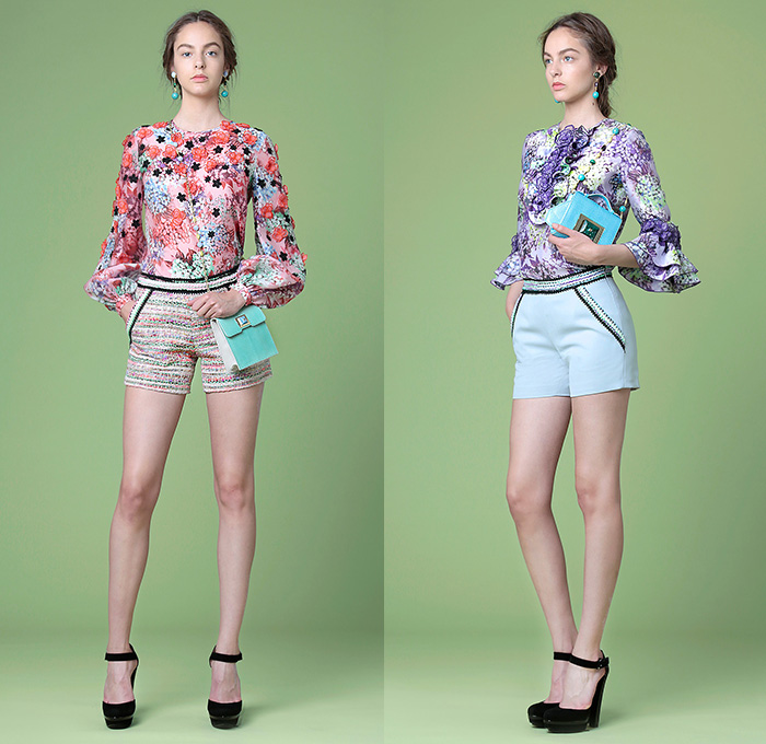 Andrew Gn Paris 2015 Resort Womens Lookbook Presentation - 2015 Cruise Pre Spring Fashion Pre Collection - Flowers Florals Flora Botanical 3D Embellishments Embroidery Asymmetrical Angular Hem Lace Shorts Blouse Sweater Jumper Tunic Ribbon Knit Bouclé Outerwear Coat Jacket Handbag Crossbody Bag Peplum Accordion Pleats Sheer Chiffon Peek-A-Boo Skirt Frock Windowpane Check Dress Gown