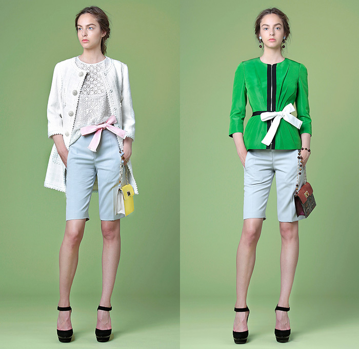 Andrew Gn Paris 2015 Resort Womens Lookbook Presentation - 2015 Cruise Pre Spring Fashion Pre Collection - Flowers Florals Flora Botanical 3D Embellishments Embroidery Asymmetrical Angular Hem Lace Shorts Blouse Sweater Jumper Tunic Ribbon Knit Bouclé Outerwear Coat Jacket Handbag Crossbody Bag Peplum Accordion Pleats Sheer Chiffon Peek-A-Boo Skirt Frock Windowpane Check Dress Gown