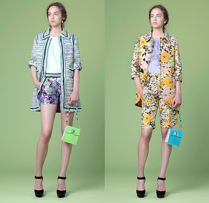 Andrew Gn Paris 2015 Resort Womens Lookbook Presentation - 2015 Cruise Pre Spring Fashion Pre Collection - Flowers Florals Flora Botanical 3D Embellishments Embroidery Asymmetrical Angular Hem Lace Shorts Blouse Sweater Jumper Tunic Ribbon Knit Bouclé Outerwear Coat Jacket Handbag Crossbody Bag Peplum Accordion Pleats Sheer Chiffon Peek-A-Boo Skirt Frock Windowpane Check Dress Gown