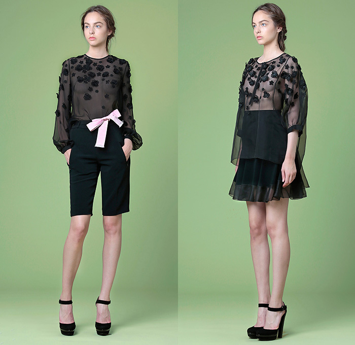 Andrew Gn Paris 2015 Resort Womens Lookbook Presentation - 2015 Cruise Pre Spring Fashion Pre Collection - Flowers Florals Flora Botanical 3D Embellishments Embroidery Asymmetrical Angular Hem Lace Shorts Blouse Sweater Jumper Tunic Ribbon Knit Bouclé Outerwear Coat Jacket Handbag Crossbody Bag Peplum Accordion Pleats Sheer Chiffon Peek-A-Boo Skirt Frock Windowpane Check Dress Gown