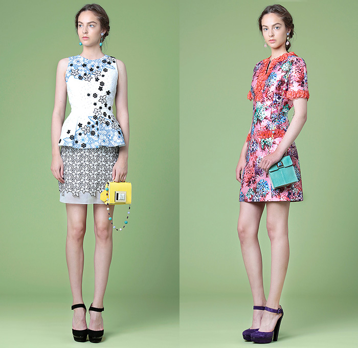 Andrew Gn Paris 2015 Resort Womens Lookbook Presentation - 2015 Cruise Pre Spring Fashion Pre Collection - Flowers Florals Flora Botanical 3D Embellishments Embroidery Asymmetrical Angular Hem Lace Shorts Blouse Sweater Jumper Tunic Ribbon Knit Bouclé Outerwear Coat Jacket Handbag Crossbody Bag Peplum Accordion Pleats Sheer Chiffon Peek-A-Boo Skirt Frock Windowpane Check Dress Gown