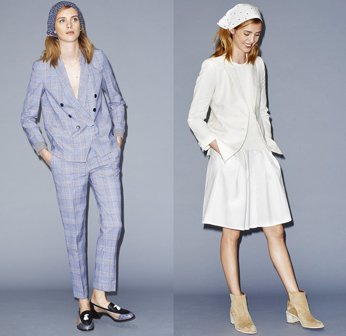 Band of Outsiders 2015 Resort Womens Lookbook Presentation - 2015 Cruise Pre Spring Fashion Pre Collection - Printed Denim Jeans Polka Dots Lace Vest Waistcoat Wide Leg Trousers Palazzo Pants Sweater Jumper Bib Brace Jumpsuit Onesie Overalls Cross Strap Checks Pantsuit Blazer White Ensemble Blazer Outerwear Rainwear Anorak Trench Coat Blouse Skirt Frock Shirtdress Tunicdress Tankdress Sleeveless Bandanna Color Block Stripes Sheer Chiffon Shorts