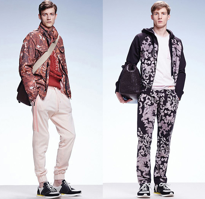 Bottega Veneta 2015 Resort Mens Lookbook Presentation - 2015 Cruise Pre Spring Fashion Pre Collection Italy - Colored Jeans Trucker Jacket Jeanswear Waffle Quilted Outerwear Grunge Print Abstract Parka Rainwear Drawstring Jogging Sweatpants Sneakers Sweatshirt Hoodie Flowers Florals Motif Ombre Color Corrosion Blazer Sportcoat Scarf Pink Red Pastel Suit Briefcase Stripes Checks V-Neck