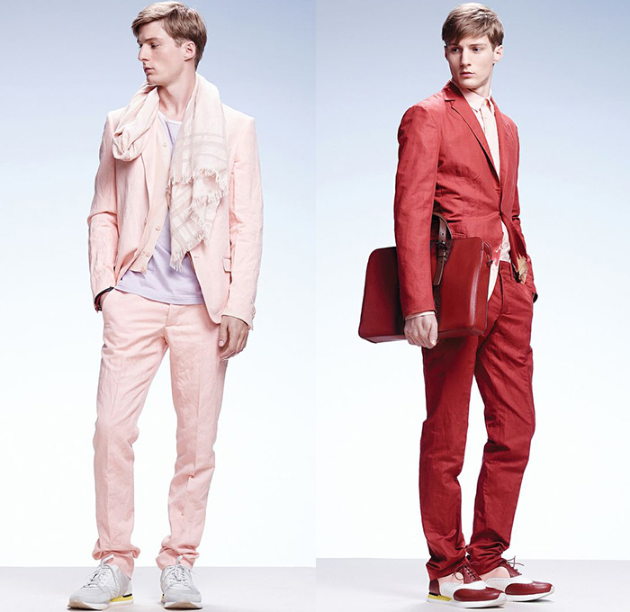 Bottega Veneta 2015 Resort Mens Lookbook Presentation - 2015 Cruise Pre Spring Fashion Pre Collection Italy - Colored Jeans Trucker Jacket Jeanswear Waffle Quilted Outerwear Grunge Print Abstract Parka Rainwear Drawstring Jogging Sweatpants Sneakers Sweatshirt Hoodie Flowers Florals Motif Ombre Color Corrosion Blazer Sportcoat Scarf Pink Red Pastel Suit Briefcase Stripes Checks V-Neck