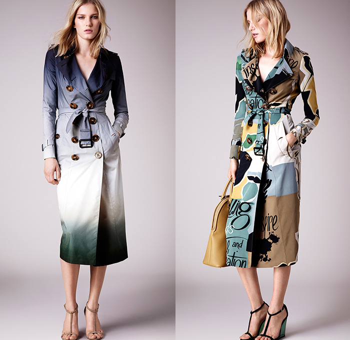 Burberry Prorsum 2015 Resort Womens Lookbook Presentation - 2015 Cruise Pre Spring Fashion Pre Collection - Trench Coat Outerwear Cargo Pockets Belt Ombre Dip Dyed Illustrations Fruits Lace Peek-A-Boo Dress Sash Belt Mesh Multi-Panel Knit Sweater Jumper Sweaterdress Sheer Chiffon Ruffles Pleats Frayed Rags Drapery Sequins Mermaid Scales Peplum Pencil Skirt Fringes Blouse Print Motif Cardigansweater Typography Pea Coat Military - London British UK