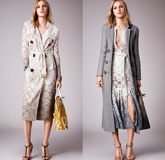 Burberry Prorsum 2015 Resort Womens Lookbook Presentation - 2015 Cruise Pre Spring Fashion Pre Collection - Trench Coat Outerwear Cargo Pockets Belt Ombre Dip Dyed Illustrations Fruits Lace Peek-A-Boo Dress Sash Belt Mesh Multi-Panel Knit Sweater Jumper Sweaterdress Sheer Chiffon Ruffles Pleats Frayed Rags Drapery Sequins Mermaid Scales Peplum Pencil Skirt Fringes Blouse Print Motif Cardigansweater Typography Pea Coat Military - London British UK