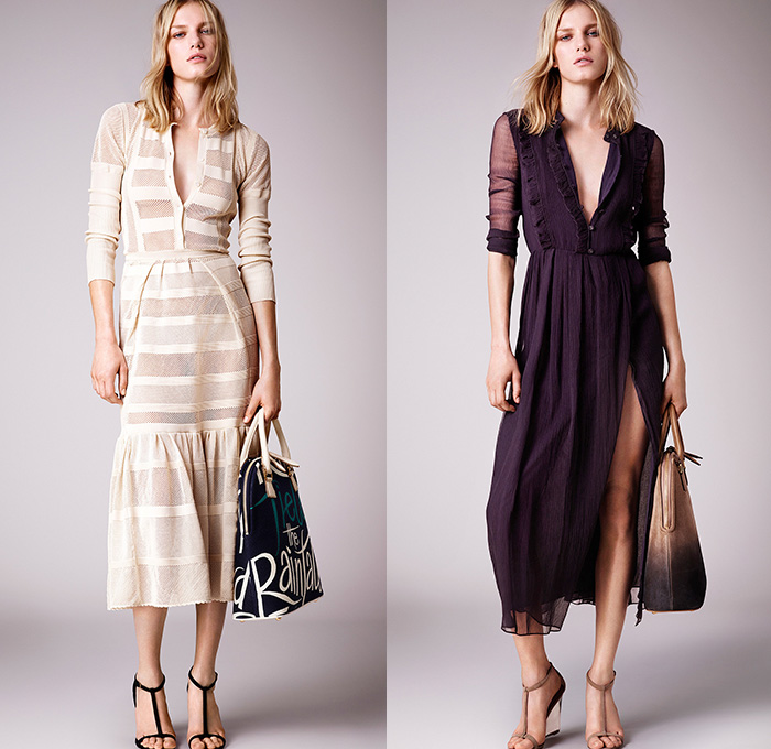 Burberry Prorsum 2015 Resort Womens Lookbook Presentation - 2015 Cruise Pre Spring Fashion Pre Collection - Trench Coat Outerwear Cargo Pockets Belt Ombre Dip Dyed Illustrations Fruits Lace Peek-A-Boo Dress Sash Belt Mesh Multi-Panel Knit Sweater Jumper Sweaterdress Sheer Chiffon Ruffles Pleats Frayed Rags Drapery Sequins Mermaid Scales Peplum Pencil Skirt Fringes Blouse Print Motif Cardigansweater Typography Pea Coat Military - London British UK