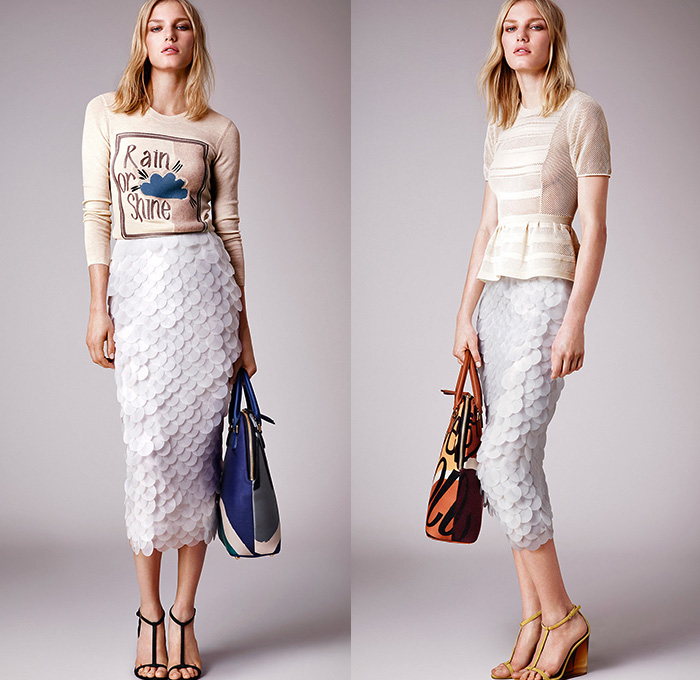 Burberry Prorsum 2015 Resort Womens Lookbook Presentation - 2015 Cruise Pre Spring Fashion Pre Collection - Trench Coat Outerwear Cargo Pockets Belt Ombre Dip Dyed Illustrations Fruits Lace Peek-A-Boo Dress Sash Belt Mesh Multi-Panel Knit Sweater Jumper Sweaterdress Sheer Chiffon Ruffles Pleats Frayed Rags Drapery Sequins Mermaid Scales Peplum Pencil Skirt Fringes Blouse Print Motif Cardigansweater Typography Pea Coat Military - London British UK