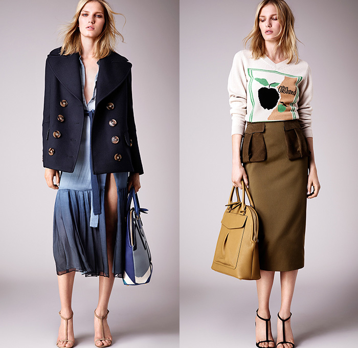 Burberry Prorsum 2015 Resort Womens Lookbook Presentation - 2015 Cruise Pre Spring Fashion Pre Collection - Trench Coat Outerwear Cargo Pockets Belt Ombre Dip Dyed Illustrations Fruits Lace Peek-A-Boo Dress Sash Belt Mesh Multi-Panel Knit Sweater Jumper Sweaterdress Sheer Chiffon Ruffles Pleats Frayed Rags Drapery Sequins Mermaid Scales Peplum Pencil Skirt Fringes Blouse Print Motif Cardigansweater Typography Pea Coat Military - London British UK