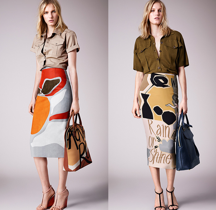 Burberry Prorsum 2015 Resort Womens Lookbook Presentation - 2015 Cruise Pre Spring Fashion Pre Collection - Trench Coat Outerwear Cargo Pockets Belt Ombre Dip Dyed Illustrations Fruits Lace Peek-A-Boo Dress Sash Belt Mesh Multi-Panel Knit Sweater Jumper Sweaterdress Sheer Chiffon Ruffles Pleats Frayed Rags Drapery Sequins Mermaid Scales Peplum Pencil Skirt Fringes Blouse Print Motif Cardigansweater Typography Pea Coat Military - London British UK