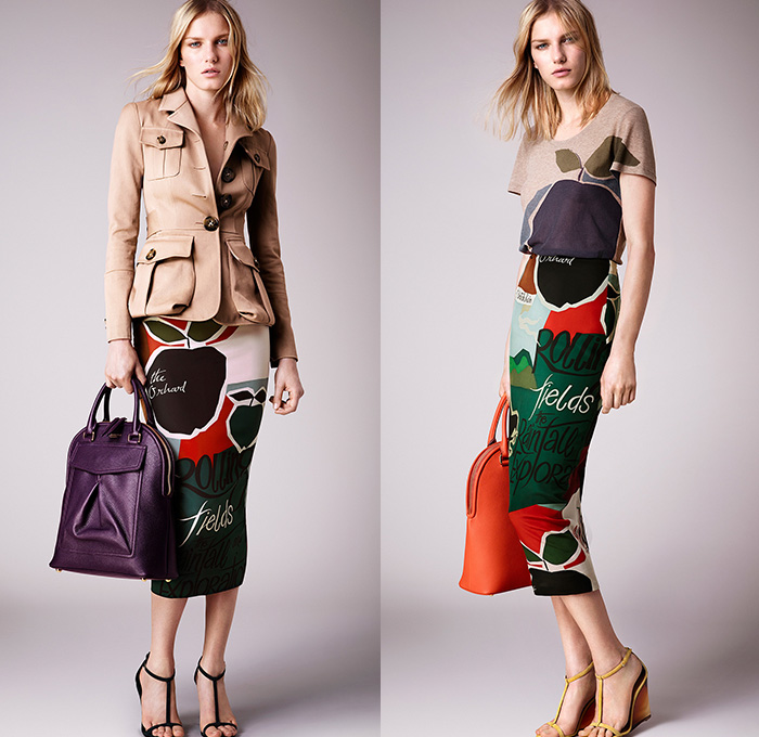 Burberry Prorsum 2015 Resort Womens Lookbook Presentation - 2015 Cruise Pre Spring Fashion Pre Collection - Trench Coat Outerwear Cargo Pockets Belt Ombre Dip Dyed Illustrations Fruits Lace Peek-A-Boo Dress Sash Belt Mesh Multi-Panel Knit Sweater Jumper Sweaterdress Sheer Chiffon Ruffles Pleats Frayed Rags Drapery Sequins Mermaid Scales Peplum Pencil Skirt Fringes Blouse Print Motif Cardigansweater Typography Pea Coat Military - London British UK