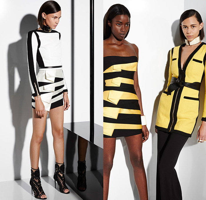 Balmain 2015 Resort Womens Lookbook Presentation - 2015 Cruise Pre Spring Fashion Pre Collection - 3D Embroidery Embellishments Beads Knit Weave Poncho Leather Sash Belt Miniskirt Kimono Robe Wide Leg Flare Trousers Pants Dress Accordion Pleats Mummy Wrap Jacket Ribbon Vest Waistcoat Stripes Coatdress Leaves Foliage Banded Cuffs Bracelet White Ensemble Lace Sheer Chiffon Blazer Boatneck Ruffles Noodle Spaghetti Strap Choker Drapery