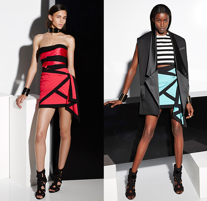 Balmain 2015 Resort Womens Lookbook Presentation - 2015 Cruise Pre Spring Fashion Pre Collection - 3D Embroidery Embellishments Beads Knit Weave Poncho Leather Sash Belt Miniskirt Kimono Robe Wide Leg Flare Trousers Pants Dress Accordion Pleats Mummy Wrap Jacket Ribbon Vest Waistcoat Stripes Coatdress Leaves Foliage Banded Cuffs Bracelet White Ensemble Lace Sheer Chiffon Blazer Boatneck Ruffles Noodle Spaghetti Strap Choker Drapery