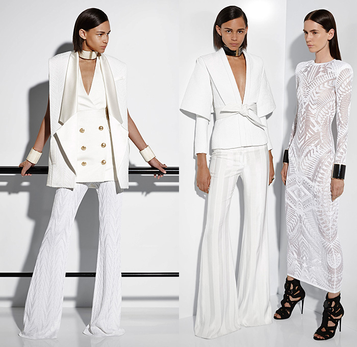 Balmain 2015 Resort Womens Lookbook Presentation - 2015 Cruise Pre Spring Fashion Pre Collection - 3D Embroidery Embellishments Beads Knit Weave Poncho Leather Sash Belt Miniskirt Kimono Robe Wide Leg Flare Trousers Pants Dress Accordion Pleats Mummy Wrap Jacket Ribbon Vest Waistcoat Stripes Coatdress Leaves Foliage Banded Cuffs Bracelet White Ensemble Lace Sheer Chiffon Blazer Boatneck Ruffles Noodle Spaghetti Strap Choker Drapery