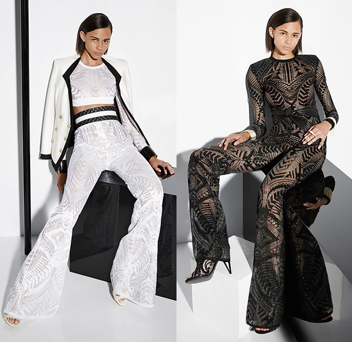 Balmain 2015 Resort Womens Lookbook Presentation - 2015 Cruise Pre Spring Fashion Pre Collection - 3D Embroidery Embellishments Beads Knit Weave Poncho Leather Sash Belt Miniskirt Kimono Robe Wide Leg Flare Trousers Pants Dress Accordion Pleats Mummy Wrap Jacket Ribbon Vest Waistcoat Stripes Coatdress Leaves Foliage Banded Cuffs Bracelet White Ensemble Lace Sheer Chiffon Blazer Boatneck Ruffles Noodle Spaghetti Strap Choker Drapery