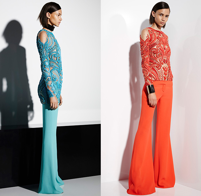 Balmain 2015 Resort Womens Lookbook Presentation - 2015 Cruise Pre Spring Fashion Pre Collection - 3D Embroidery Embellishments Beads Knit Weave Poncho Leather Sash Belt Miniskirt Kimono Robe Wide Leg Flare Trousers Pants Dress Accordion Pleats Mummy Wrap Jacket Ribbon Vest Waistcoat Stripes Coatdress Leaves Foliage Banded Cuffs Bracelet White Ensemble Lace Sheer Chiffon Blazer Boatneck Ruffles Noodle Spaghetti Strap Choker Drapery