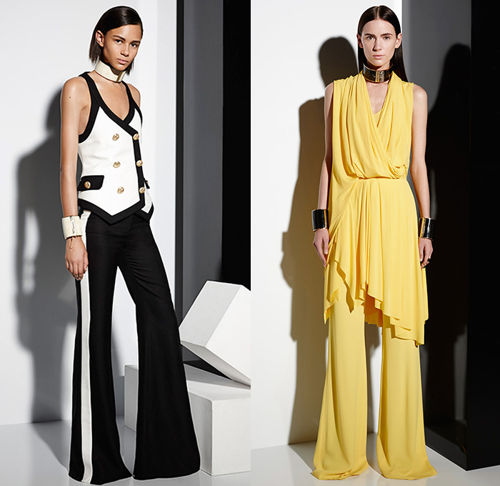 Balmain 2015 Resort Womens Lookbook Presentation - 2015 Cruise Pre Spring Fashion Pre Collection - 3D Embroidery Embellishments Beads Knit Weave Poncho Leather Sash Belt Miniskirt Kimono Robe Wide Leg Flare Trousers Pants Dress Accordion Pleats Mummy Wrap Jacket Ribbon Vest Waistcoat Stripes Coatdress Leaves Foliage Banded Cuffs Bracelet White Ensemble Lace Sheer Chiffon Blazer Boatneck Ruffles Noodle Spaghetti Strap Choker Drapery
